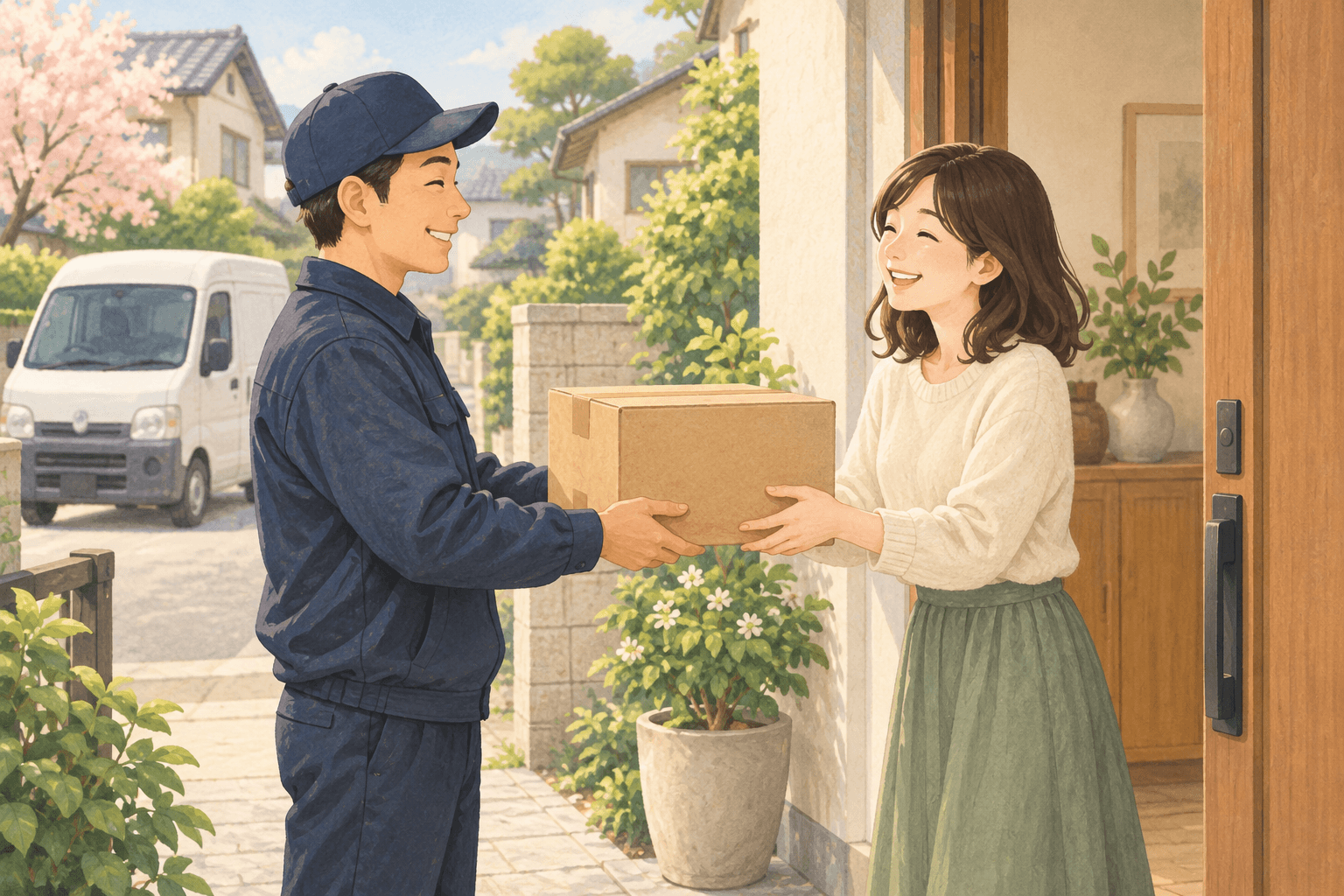 日本の自宅前で小包を受け取るお客様