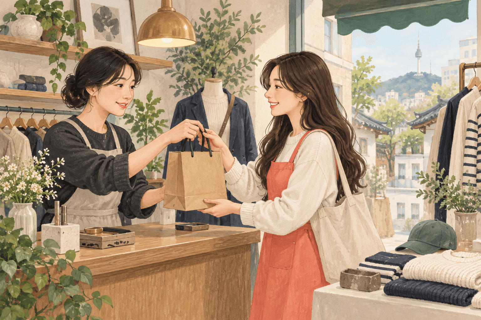 韓国のショップで商品を購入するスタッフ