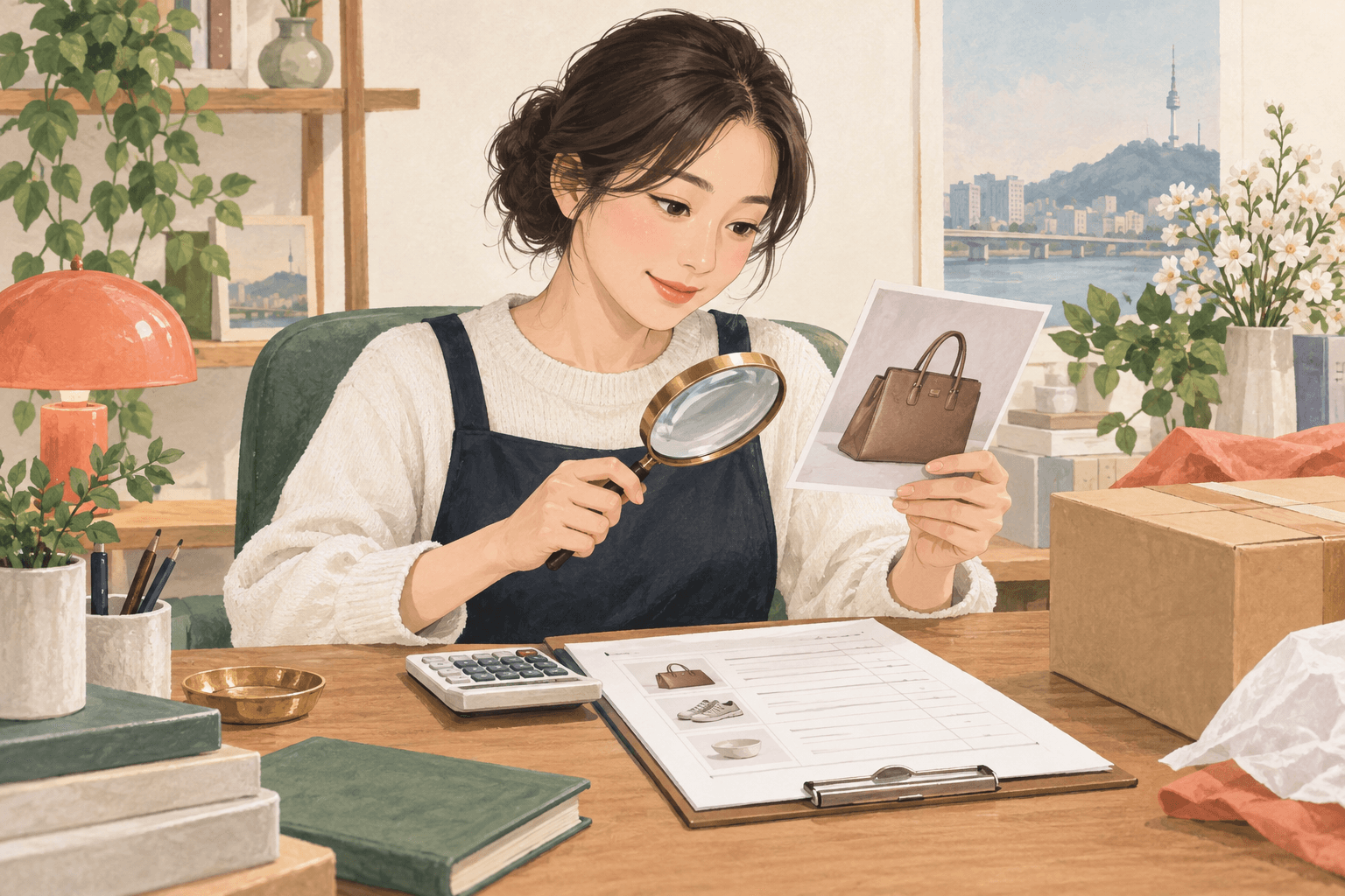 商品情報と見積書を計算機で確認するスタッフ