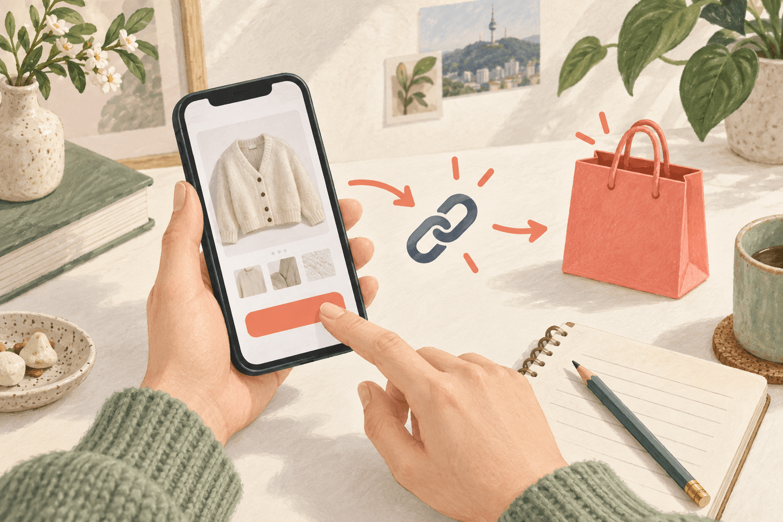 スマートフォンの商品写真と購入リクエストのショッピングバッグ