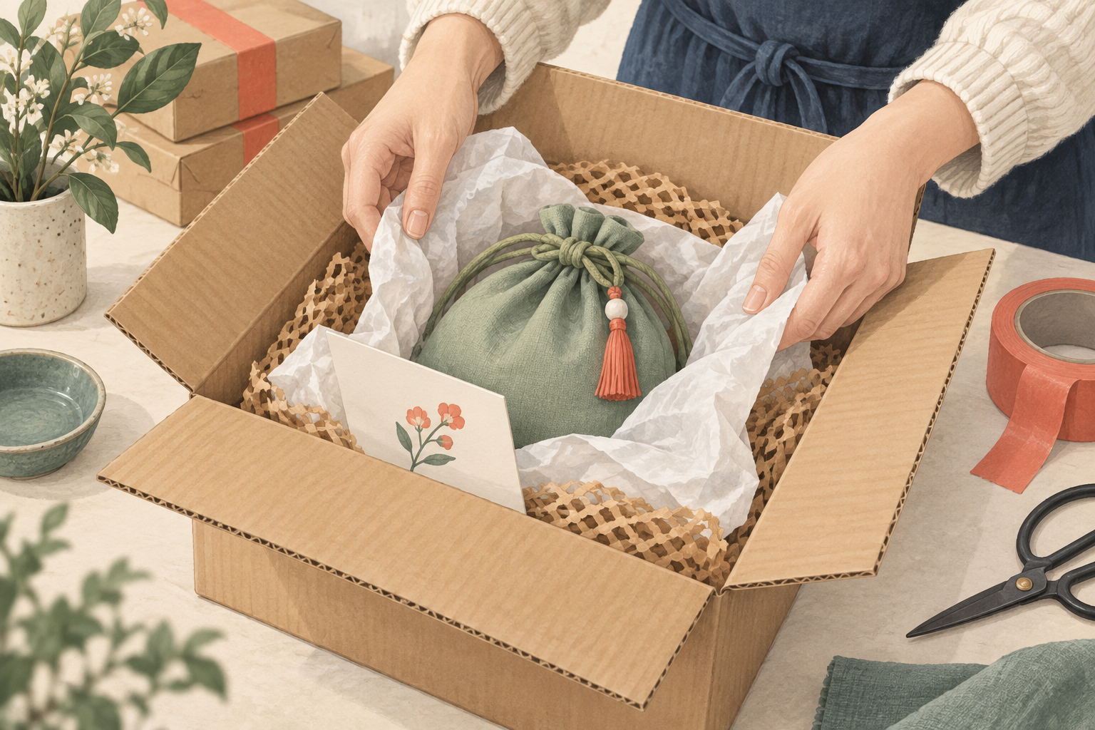 緩衝材を入れて商品を丁寧に梱包する手のイラスト