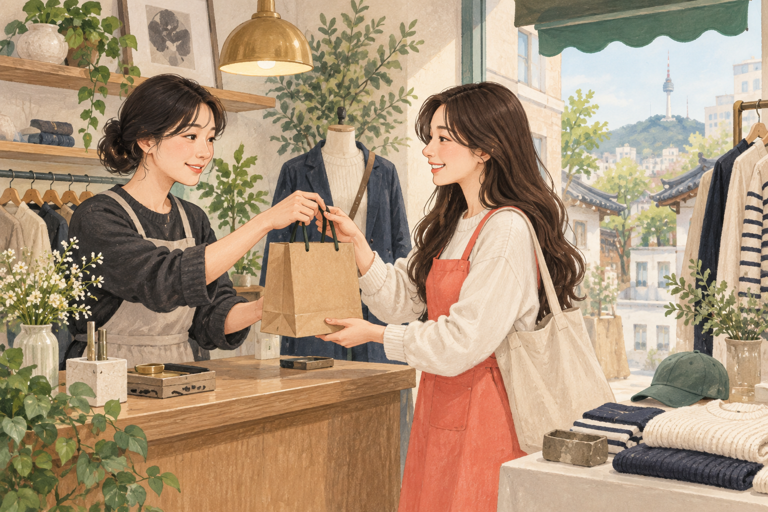 韓国の店舗で商品を購入するスタッフのイラスト